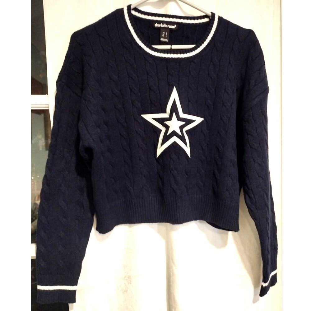 Charlotte Russe Small Cropped Navy Sweater Cable Knit Y2K Preppy Casual NWT